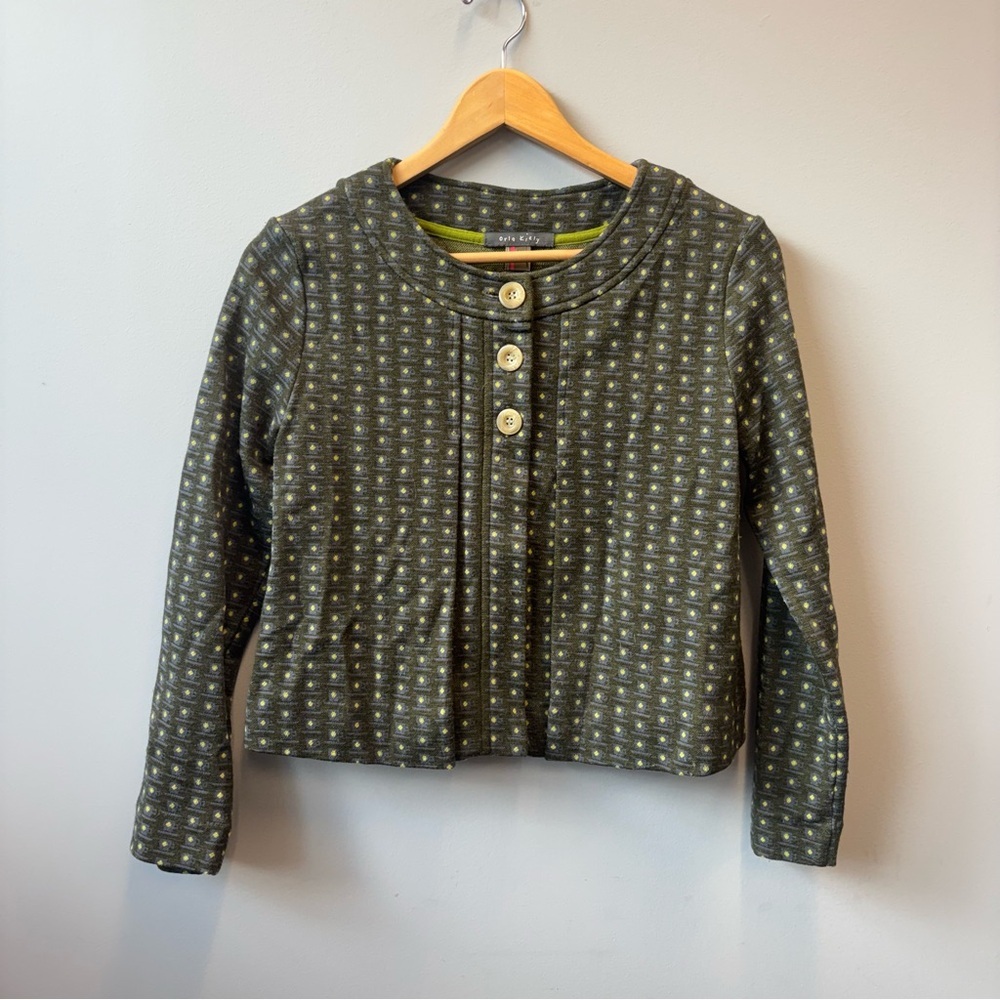 Orla Kiely XS Cardigan Jacket Wool Green and Yellow Patterned Knit